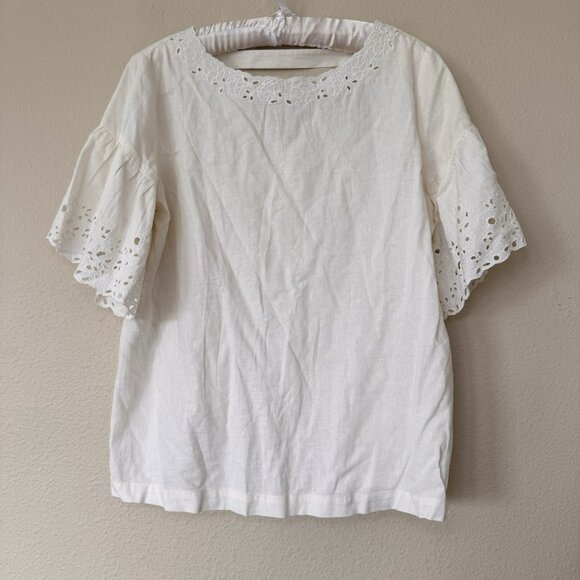 LOFT Blouse White Embroidered Eyelet Short Sleeve Size Medium Linen - Picture 7 of 14
